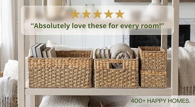 Wicker Basket Set of 4, Natural Seagrass and Hyacinth Nesting Storage Baskets with Handles for Organizing Shelves, Closet, Pantry, Living Room, Decorative Wicker Storage Baskets, 4 Pack