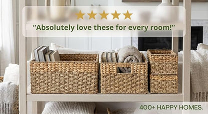 Wicker Basket Set of 4, Natural Seagrass and Hyacinth Nesting Storage Baskets with Handles for Organizing Shelves, Closet, Pantry, Living Room, Decorative Wicker Storage Baskets, 4 Pack