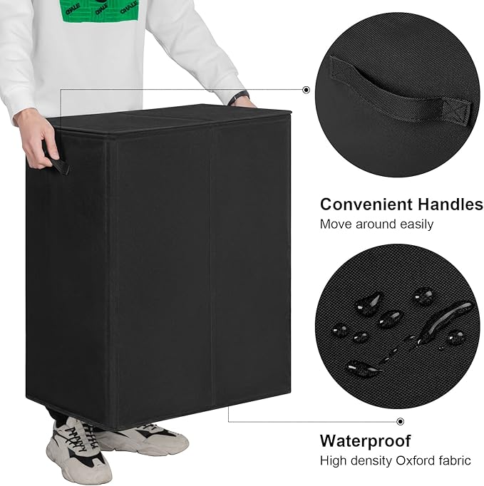 WOWLIVE 180L Double Laundry Hamper with Lid and Removable Laundry Bags, Large Dirty Clothes Hamper 2 section Collapsible Laundry Basket Dorm Room Storage for Bedroom, Bathroom, College,Black