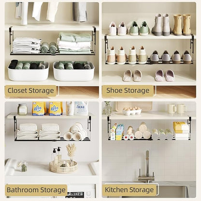 Expandable Shoe Rack Organizer for Cabinet, Adjustable Hanging Under Shelf Storage, Sturdy Round Tube Design, Space Saving Shoe Shelf for Closet, Entryway, Laundry Room, Black