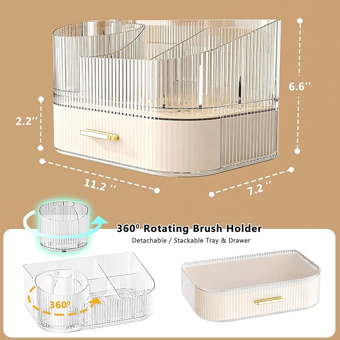 Makeup Organizer Countertop with 360 Rotating Brush Holder, Make Up Organizers For Vanity With Drawer, Bathroom Countertop Skincare Organizer And Storage