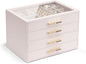 VLANDO 4 Layer Jewelry Box for Women, Glass Lid Jewelry Organizer with 4 Drawers for Necklaces Rings Earrings Bracelets - Light Pink