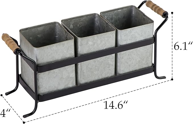 Silverware Caddy for Party Kitchen Flatware Holder for Countertop Farmhouse Galvanized Cutlery Organizer with 3 Compartments for Utensils, Spoons, Knives, Forks, Cups