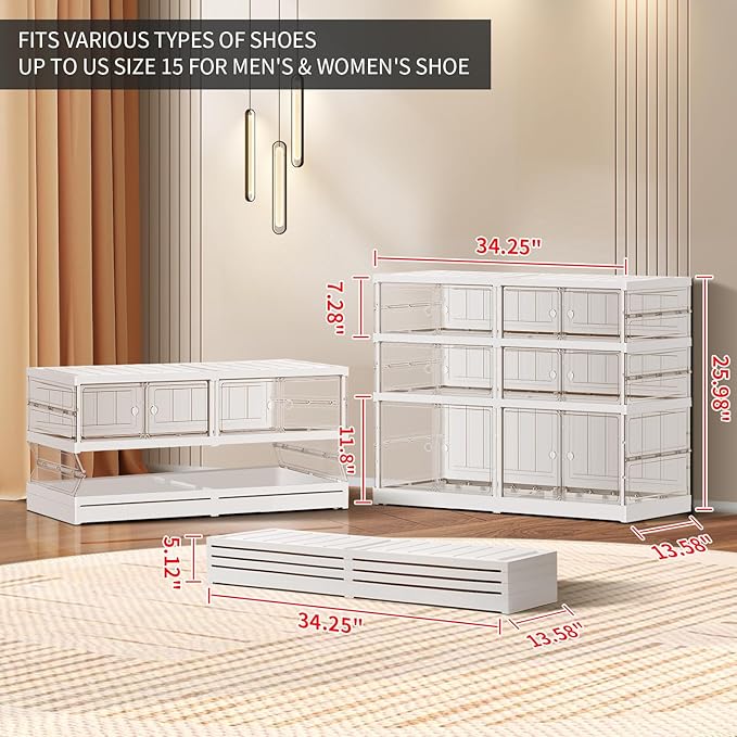 CIMLORD 3-Tier Foldable Shoe Rack for Closet Entryway 6-12Pairs,Stackable Clear Shoe Storage Boxes Organizer with Door Plastic Small Shoe Cabinet Bins with Lids Shoes Shelf Easy Assembly White