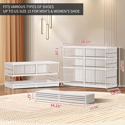 CIMLORD 3-Tier Foldable Shoe Rack for Closet Entryway 6-12Pairs,Stackable Clear Shoe Storage Boxes Organizer with Door Plastic Small Shoe Cabinet Bins with Lids Shoes Shelf Easy Assembly White