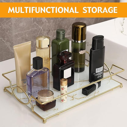 Vanity Tray Luxury Bathroom Counter Tray Glass Perfume Organizer Holder Cosmetics Makeup Skincare Display Decorative Vanity Trays for Bathroom Dresser Bedroom (Platinum, L)