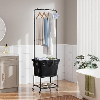 ELYKEN Laundry Cart with Hanging Rack, Rolling Laundry Hamper with Wheels, Laundry Basket with Removable Liner Bag and Shelf, Sturdy Metal Frame Dirty Clothes Basket for Hotel, Home, Closet, Dorm