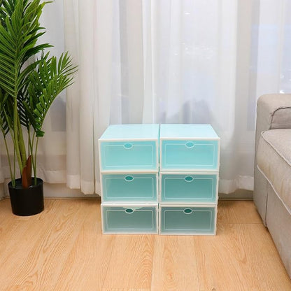 Stackable Shoe Boxes for Women, Thickened Plastic Shoe Storage Containers with White Frame Blue Lid, 6pcs Sturdy Organizer for Closet and Sneaker Storage