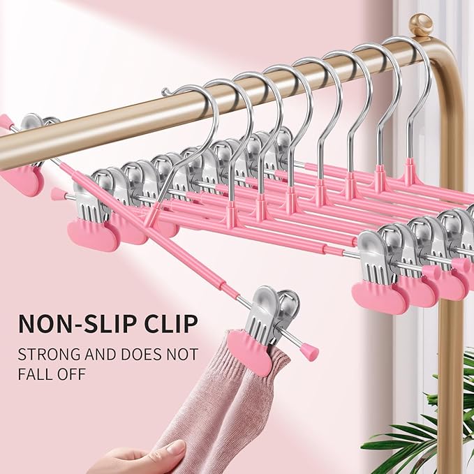 HUADYMEET 20 Pack 12Inch Pants Hangers with Wide Clips,Metal Trouser Hanger for Jeans.Space Saving Skirt Hangers Heavy Duty Non-Slip Adjustable Clothes Shorts Hanger for Women,Men,Pink