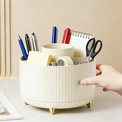 360 Degree Rotating Desktop Organizer,Makeup Brushes,Pencils,Desktop Stationery Storage Rotating Rack,Premium Plastic Organizer For Office,School And Home (Cream White)