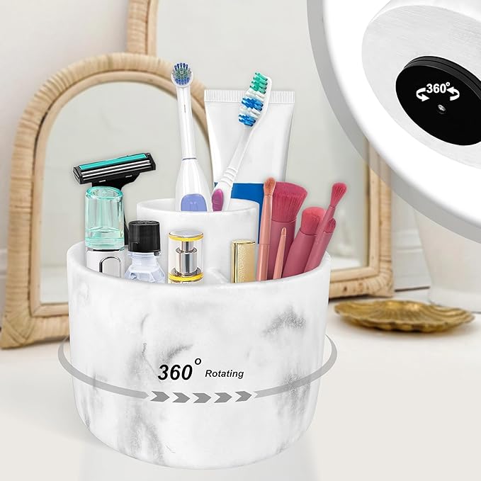 360° Rotate Makeup Brush Holder Organizer, Cosmetic Tool Storage Organizer, Cosmetic Display Case, Bathroom Toothbrush Holder, Office Desktop Storage Orgainzer, 4 Slot Resin White Marble, Smooth Spin
