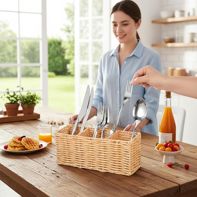 Wicker Flatware Silverware Caddy, Plastic Woven Kitchen Cutlery Organizer Storage Holder Party Condiment Utensil Carrier Basket for Countertop Table Picnic Holds Spoon Knives Fork Napkins