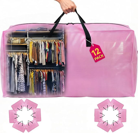 Moving Bags Heavy Duty,Extra Large Moving Bags for Travel/College Packing/Storage/Organization/Seasonal Clothes & Bedding Storage,Moving Supplies Bins,Compatible with Ikea Frakta Cart (Pink,12Pcs)