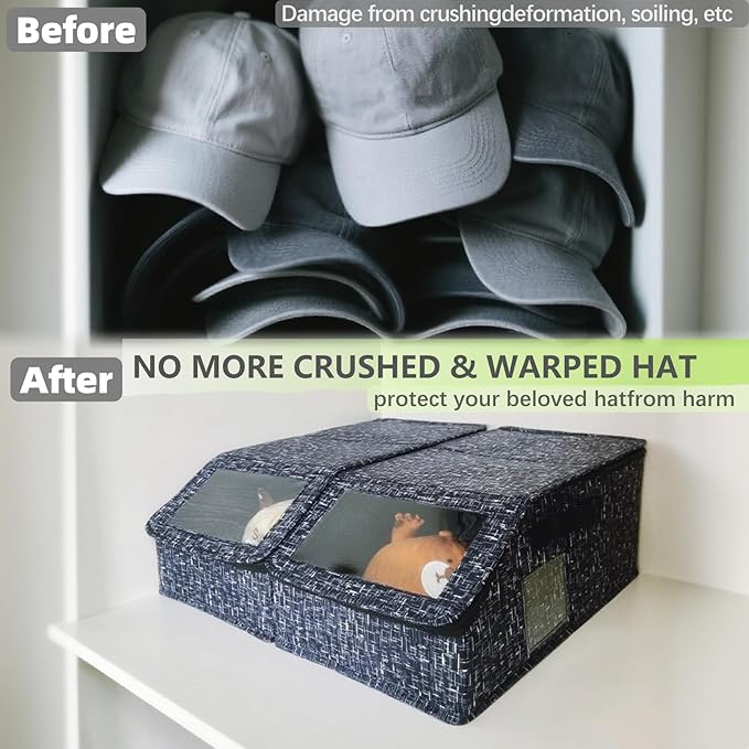Hat Organizer for Baseball Caps - 2PCS Stackable Storage (Total Holds 30 Caps) with Clear Window Lid, Flip-Top Access, Space-Saving Hat Box for Closet, Breathable Fabric, Unisex (Black)