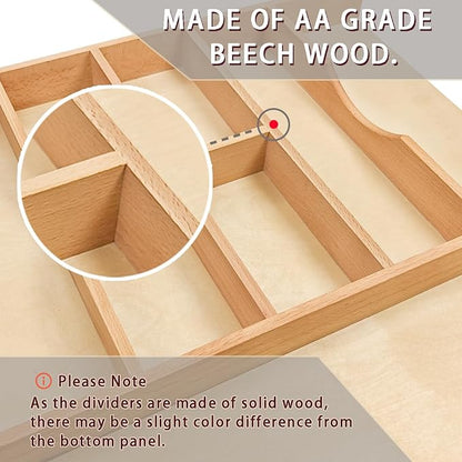 Silverware Drawer Organizer - Trim-to-Fit with Adjustable Dividers for Kitchen Utensil Storage, Beech Wood Frame with 11 Sizes (12.63" W x 22" D)