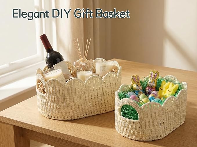 Coeusy Paper Rope Scalloped Basket Set of 2,Hand-woven Storage Baskets for Shelves,Nursery,Books,Toys,Cute Boho Decor Baskets for Organizing,White