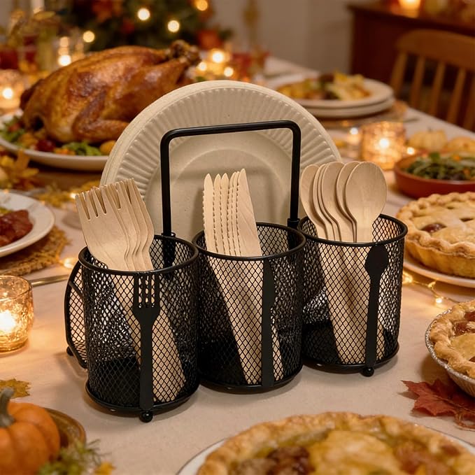 Silverware Organizer Utensil Caddy - 4 Compartment Metal Cutlery Holder Flatware Storage Basket Fork Spoon Napkin Paper Plate Kitchen Countertop Party Picnic Camping Buffet Outdoor (Black)