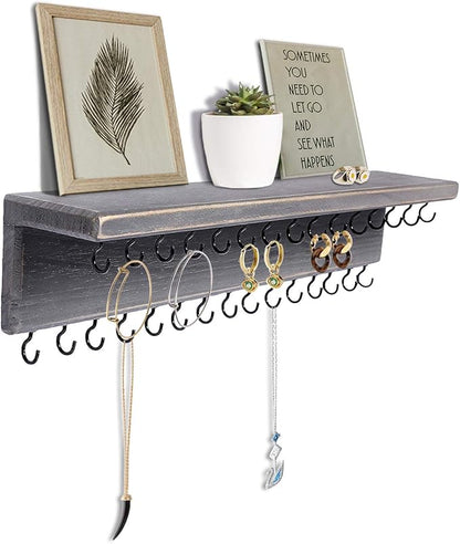SANY DAYO HOME Jewelry Organizer with 30 Hooks and Cosmetics Shelf, 15 x 3 x 4 inches Wall Mounted Rustic Pine Wood Holder for Necklaces and Bracelets, Suitable for Kids and Adults (Gray)
