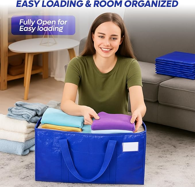 4 Pack Extra Large Moving Bags with Strong Zipper & Handles - Heavy Duty Clothes Storage Tote Bins - Moving Boxes for Space Saving, College Supplies with Drawstring bag