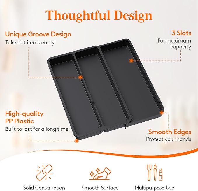 Lifewit Utensil Organizer for Kitchen Drawer, Expandable Cooking Silverware Tray, Adjustable Cutlery Flatware Holder, Plastic Spatula Tools Storage Divider, 14.4 x 15.8", Black