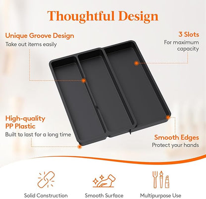 Lifewit Utensil Organizer for Kitchen Drawer, Expandable Cooking Silverware Tray, Adjustable Cutlery Flatware Holder, Plastic Spatula Tools Storage Divider, 14.4 x 15.8", Black