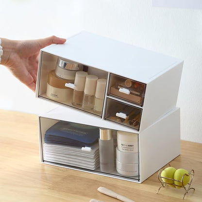 Marknor Desk Organizer with 4 Drawers, Makeup Organizer, Plastic Sundries Storage, Vanity Organizer, Cosmetic Storage Organizer, Desk Storage Box, Bathroom Counter or Dresser, White (CD-QBH-01)