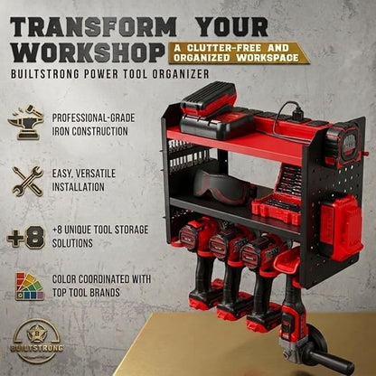 BUILTSTRONG Power Tool Organizer Wall Mount – 3-Tier Heavy-Duty Steel Rack, 4 Drill Slots, Pegboard + Utility Side, 100 lb Capacity – Garage, Workshop & Shed Storage (Red)