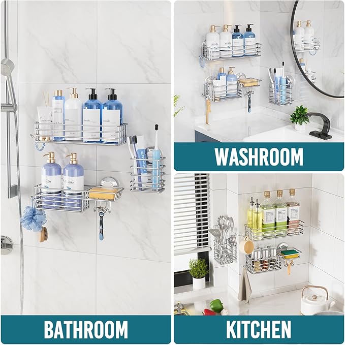 TAILI Shower Caddy Suction Cup, 3 Pack Shelves for Inside with Hooks & Soap Holder Toothbrush Cups, Removable Bathroom Organizer, Rustproof Silver Storage-Silver