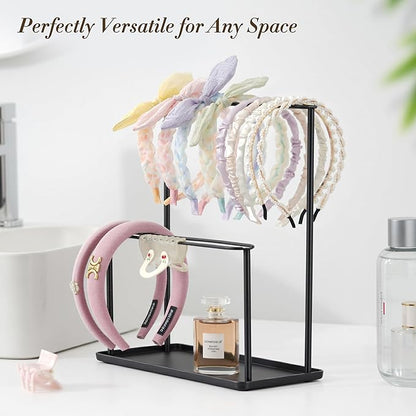 Headband Holder Organizer Metal 2-Tier with Tray: Hair Accessories Display Stand Storage Hairband Rack Necklace Stand Home Bedroom for Girls Women, Black