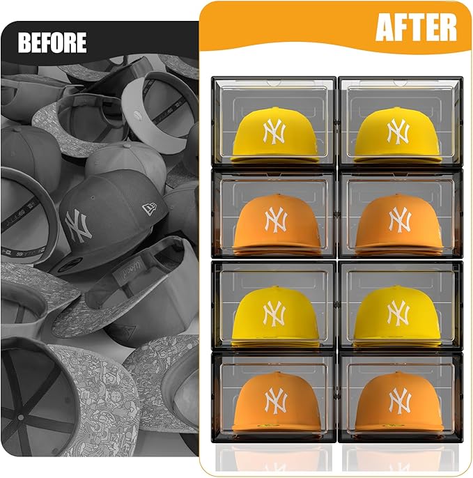 SCAVATA Hat Organizer Box, Stackable Clear Baseball Caps Holder Box Containers with Magnetic Door for Hats Snapback Cap Storag, Hat Rack Display Case, Holds 8 Hats Each (Black, 4 Pack)
