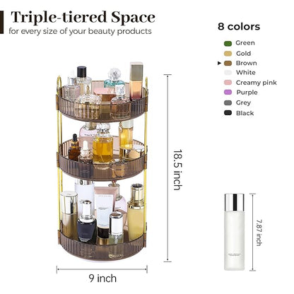 Aveniee Rotating Makeup Organizer for Vanity, 3 Tier Perfume Organizers and Storage for Bathroom Countertop, Clear Spinning Skincare Counter Shelf Holder for Dresser,Brown