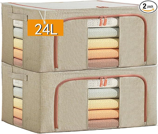 Linen Clothes Storage Bags, Sturdy Closet Organizers and Storage Bin with Hold Shape Metal Frame, 2 Opening Ways Fabric Visible Lidded Storage Box for Organizing Clothing,Bedding (2 Pack, 24L)