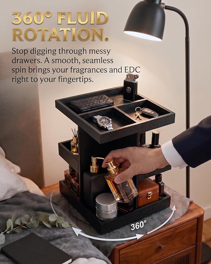 360° Rotating Cologne Organizer for Men - Heavy-Duty Wood Grooming Station | Perfume Stand & 9-Compartment Dresser Display for Shaving Kit, Skincare & EDC. Luxury Gift for Husband, Dad & Son, Black