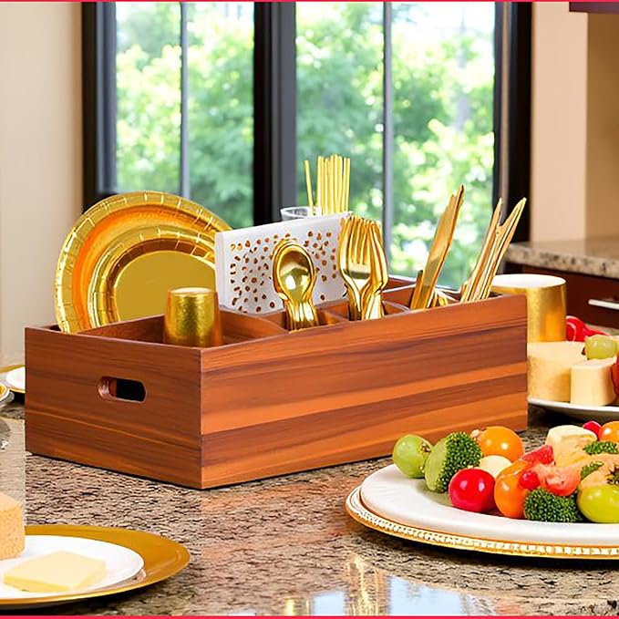 Eleckey Acacia Wood Utensil Holder Organizer for Party，Paper Plate Dispenser for Kitchen Counter