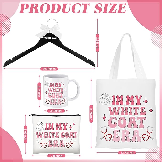 Gerrii 6 Pcs White Coat Ceremony Gifts for Women Medical Student Include First White Coat Hanger Mugs Pink Tote Bag Makeup Bag Keychain Ceremony Sign for Med School Pharmacist New Doctor
