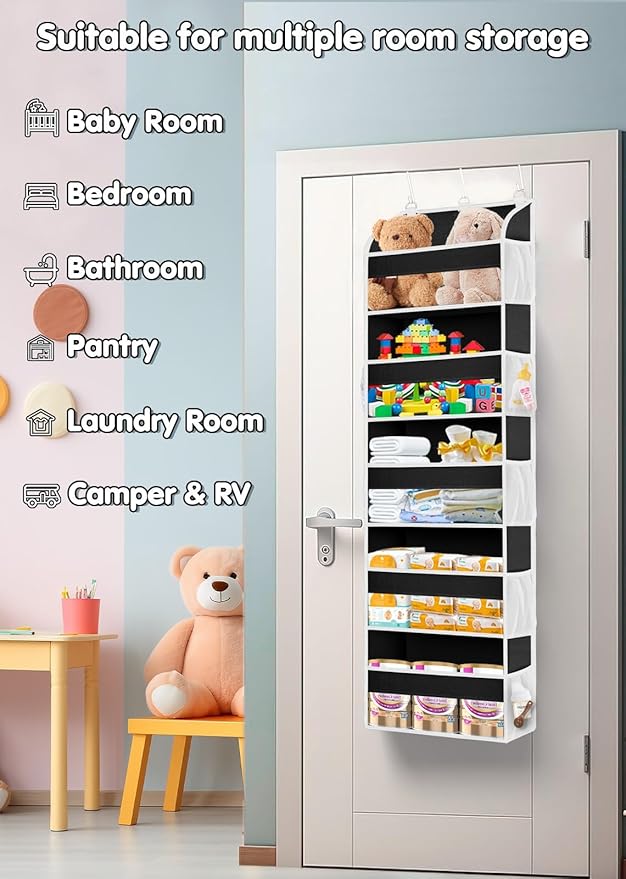 TAHAVICE 1 Pack Over The Door Storage Organizer with 5 Pockets 10 Mesh Side Pockets, 44 lbs Weight Capacity Door Hanging Organizers and Storage for Bedroom,Bathroom,Nursery,Pantry,Dorm(Light Gray)