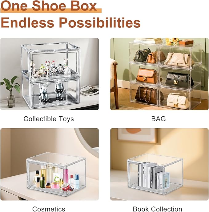 eYotto 1 Pack Acrylic Clear Shoe Storage Boxes Stackable, Acrylic Shoe Box US Size 14, Large Clear Shoe Organizer With Magnetic Door for Closet Cabinet Sneaker Hat Handbag