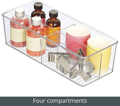 mDesign Plastic Kitchen Cabinet Storage Organizer Bin Box - 4 Divided Sections for Pantry Shelves, Countertops, Island, or Cupboard - Holds Snacks, Tea Bags, Spices, Sauces, Ligne Collection, Clear