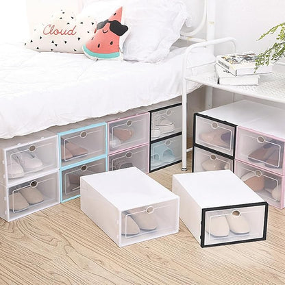 6pcs Thickened Plastic Shoes Storage Boxes White Frame Stackable Shoe Containers for Men Closet Organization