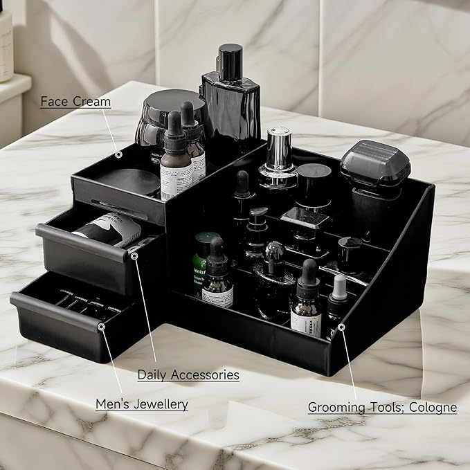 UFORU Large Black Vanity Organizer for Men, Countertop Cologne Organizer with Drawers, Perfume Stand & Mens Skincare Storage, Deodorant Display for Bathroom Bedroom Dresser, Ideal Gifts for Men