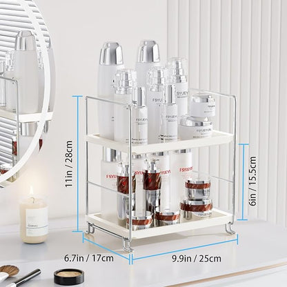 FSyueyun 2-Tier Bathroom Countertop Organizer, Tool-Less Installation Premium Plastics Makeup Shelf Organizer Perfume Skincare for Dresser Vanity Tray Organizers and Storage (Sliver)