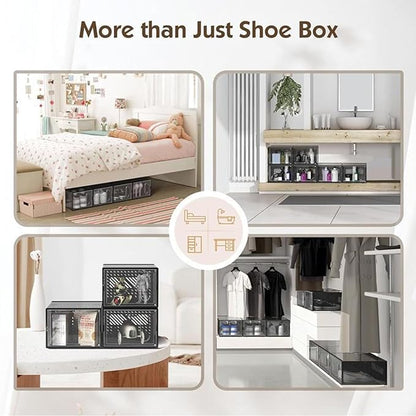 12 Packs Clear Plastic Shoebox With Magnetic Door, X-Large(14"× 10" × 7") Stackable Shoe Box Storage With Lids, Multifunctional Sneaker Containers, Toy Storage, Space-Saving Shoe Rack Black