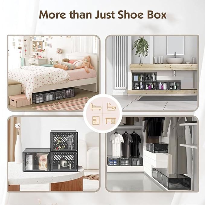 12 Packs Clear Plastic Shoebox With Magnetic Door, Large(13" × 9" × 5.6") Stackable Shoe Box Storage With Lids, Multifunctional Sneaker Containers, Toy Storage, Space-Saving Shoe Rack Black