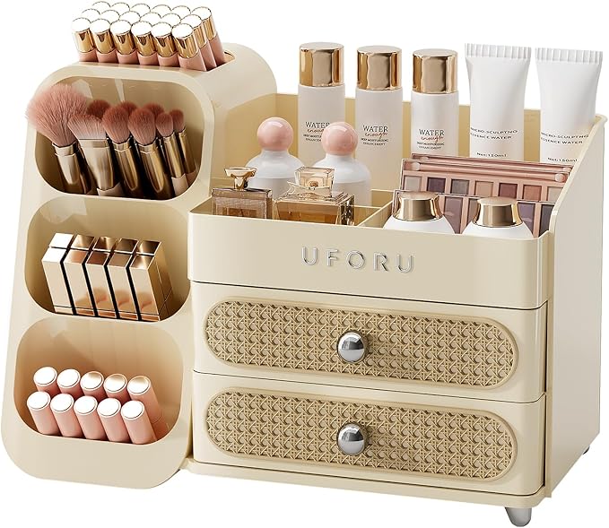 Makeup Organizer for Vanity with Brush Holder, Large Capacity Bathroom Countertop Skincare Organizer with 2 Drawers, Cosmetic Display Case for Perfumes, Eyeshadow Palettes, Nail Polishes