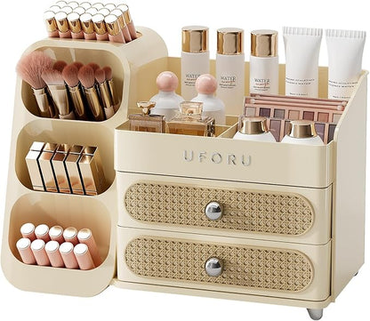 Makeup Organizer for Vanity with Brush Holder, Large Capacity Bathroom Countertop Skincare Organizer with 2 Drawers, Cosmetic Display Case for Perfumes, Eyeshadow Palettes, Nail Polishes
