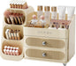 Makeup Organizer for Vanity with Brush Holder, Large Capacity Bathroom Countertop Skincare Organizer with 2 Drawers, Cosmetic Display Case for Perfumes, Eyeshadow Palettes, Nail Polishes