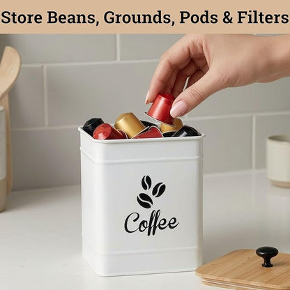 Airtight Coffee Canister - 40 oz Large Iron White Coffee Container Airtight - 6 x 8 inch Metal Jar - Stylish Countertop Container for Coffee Grounds, Beans, Pods & More with Rubber-Lined Bamboo Lid