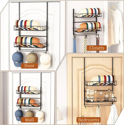 Over Door Hat Organizer 3 Tier Wall Mounted Hat Rack with 2 Adjustable Metal Basket and 3 Hooks Hat Organizer for Baseball caps Hat Hanger Holder Display for Door Closet, Cap Organizer Storage