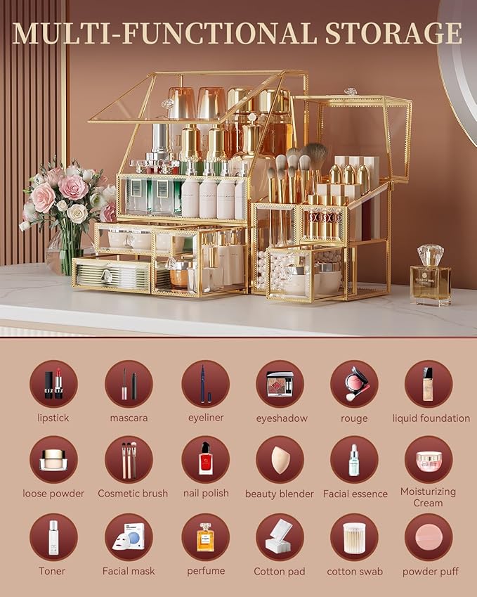 CoralHouse Clear Makeup Organizer with Gold Frame – Countertop Vanity Organizer for Skincare, Lipsticks, Perfume & Brushes – Bathroom Cosmetic Storage Display Box