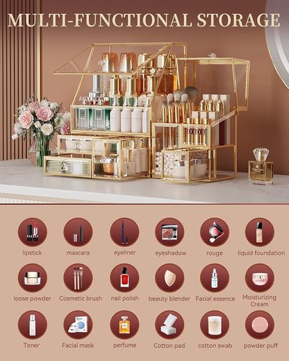 CoralHouse Clear Makeup Organizer with Gold Frame – Countertop Vanity Organizer for Skincare, Lipsticks, Perfume & Brushes – Bathroom Cosmetic Storage Display Box
